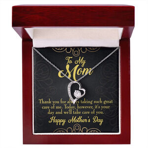 Mom It's Your Day Forever Love CZ Heart Necklace Yellow Gold Standard Box